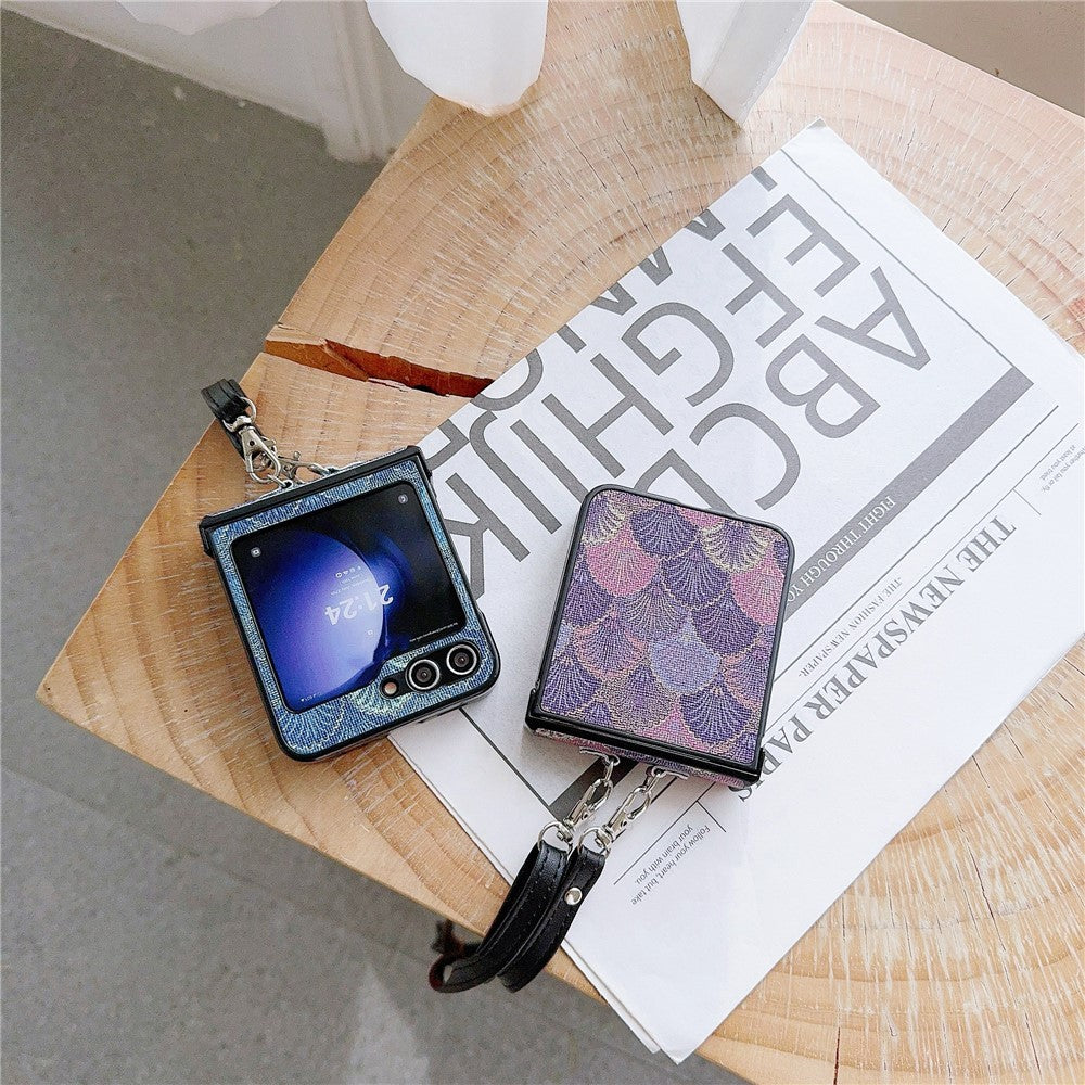 For Samsung Galaxy Z Flip7 FE 5G / Z Flip6 5G Ethnic PU Leather Coated PC Phone Cover with Crossbody Strap - Blue