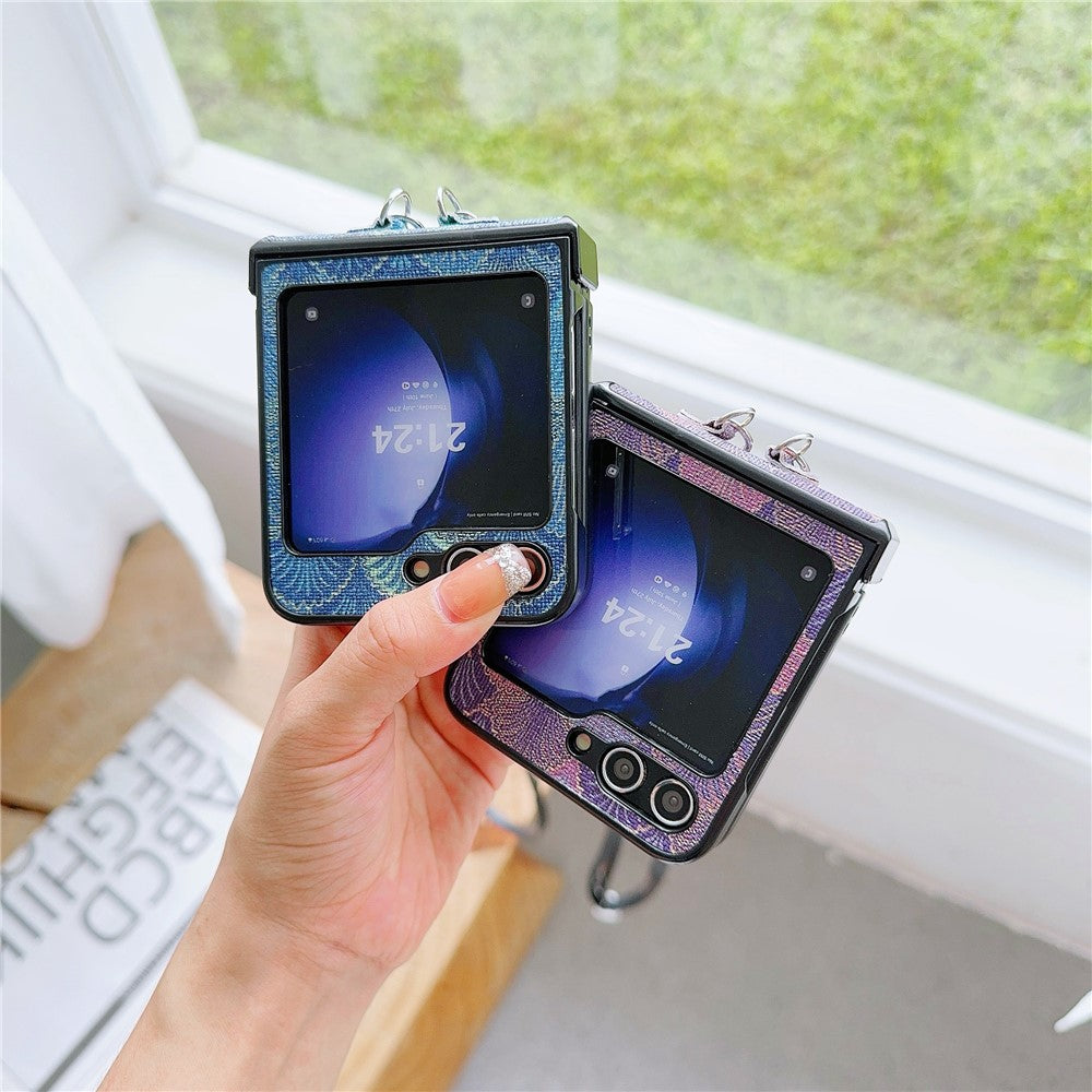 For Samsung Galaxy Z Flip7 FE 5G / Z Flip6 5G Ethnic PU Leather Coated PC Phone Cover with Crossbody Strap - Blue