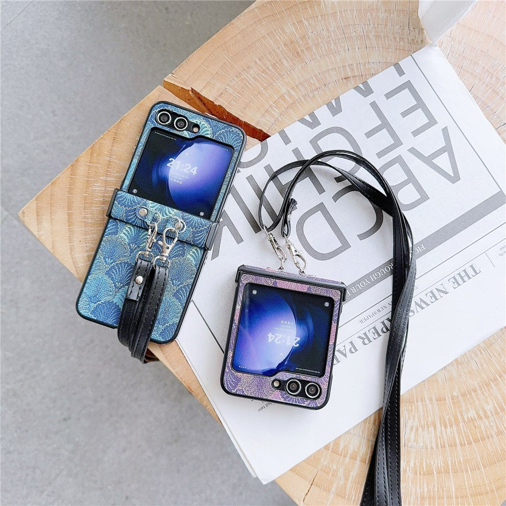 For Samsung Galaxy Z Flip7 FE 5G / Z Flip6 5G Ethnic PU Leather Coated PC Phone Cover with Crossbody Strap - Blue