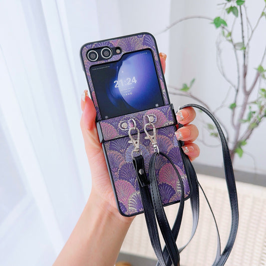 For Samsung Galaxy Z Flip6 5G Ethnic PU Leather Coated PC Phone Cover with Crossbody Strap - Purple