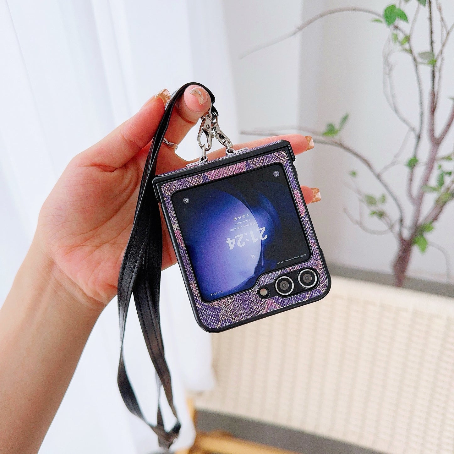 For Samsung Galaxy Z Flip6 5G Ethnic PU Leather Coated PC Phone Cover with Crossbody Strap - Purple