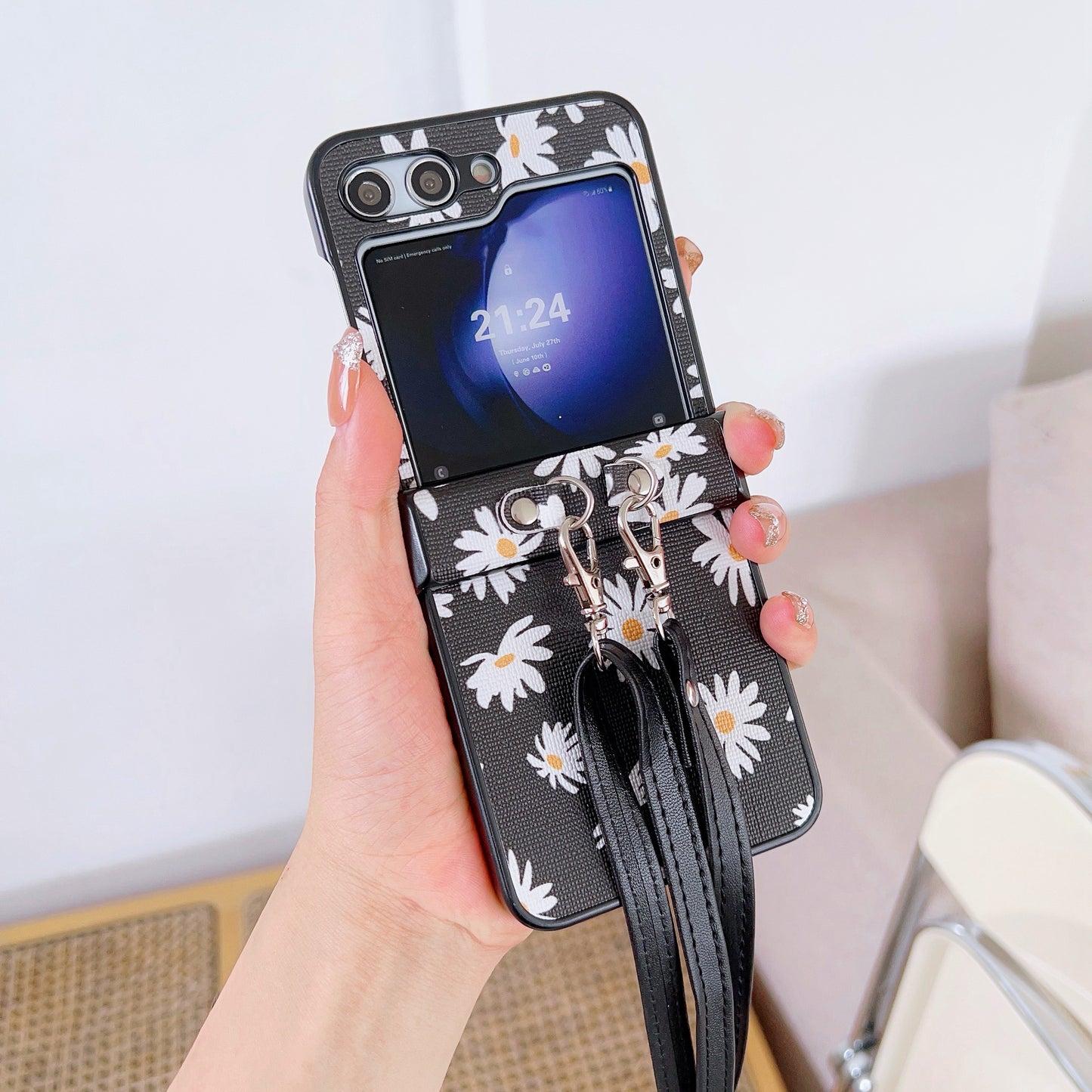 For Samsung Galaxy Z Flip6 5G Chrysanthemum Pattern PU Leather + PC Phone Cover with Crossbody Strap - Black