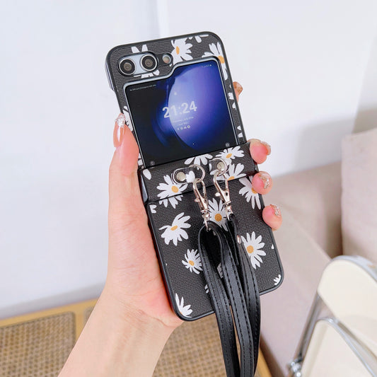 For Samsung Galaxy Z Flip6 5G Chrysanthemum Pattern PU Leather + PC Phone Cover with Crossbody Strap - Black