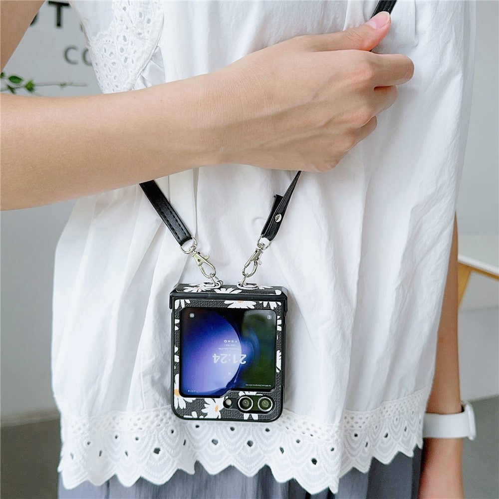 For Samsung Galaxy Z Flip7 FE 5G / Z Flip6 5G Chrysanthemum Pattern PU Leather + PC Phone Cover with Crossbody Strap - Black