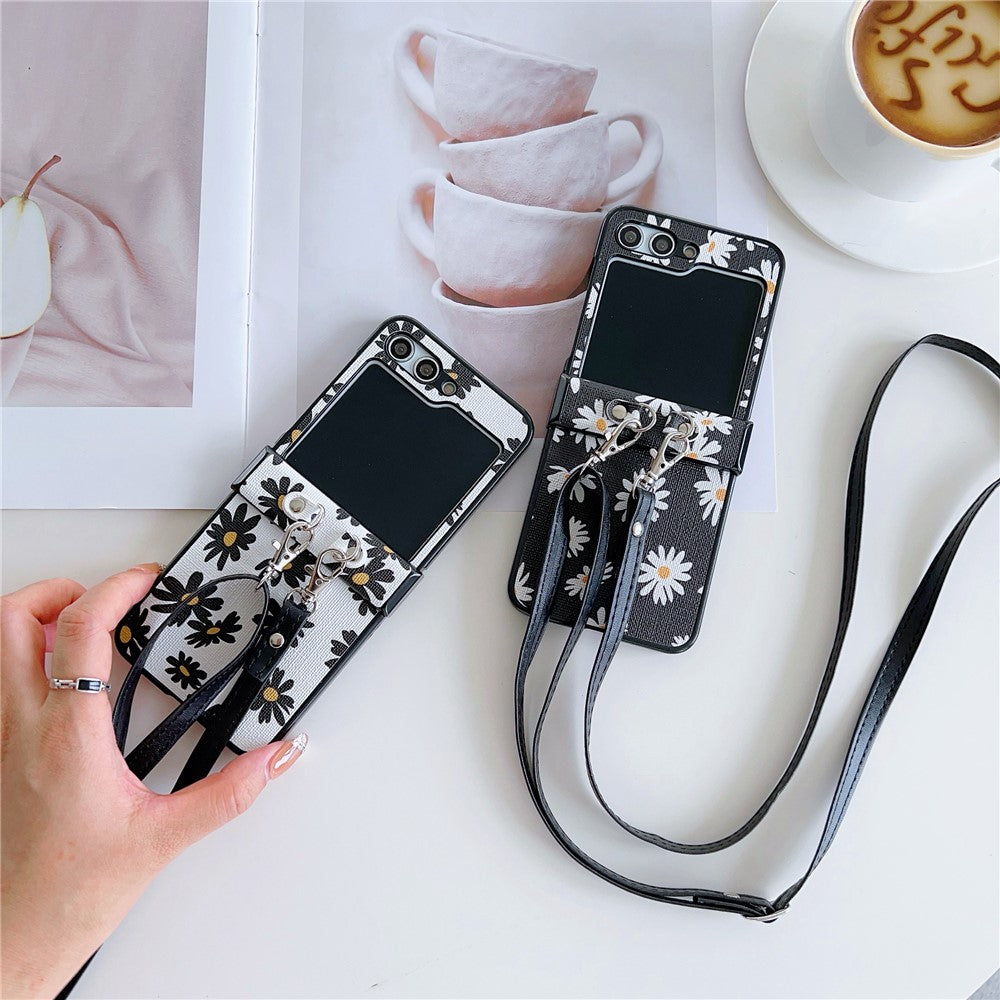 For Samsung Galaxy Z Flip7 FE 5G / Z Flip6 5G Chrysanthemum Pattern PU Leather + PC Phone Cover with Crossbody Strap - Black