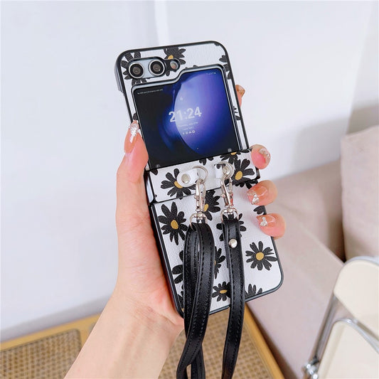 For Samsung Galaxy Z Flip7 FE 5G / Z Flip6 5G Chrysanthemum Pattern PU Leather + PC Phone Cover with Crossbody Strap - White