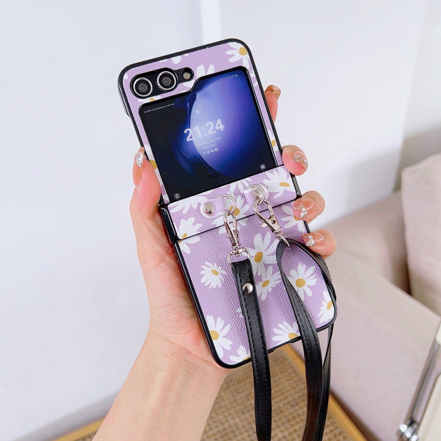 For Samsung Galaxy Z Flip6 5G Chrysanthemum Pattern PU Leather + PC Phone Cover with Crossbody Strap - Purple