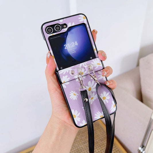 For Samsung Galaxy Z Flip6 5G Chrysanthemum Pattern PU Leather + PC Phone Cover with Crossbody Strap - Purple