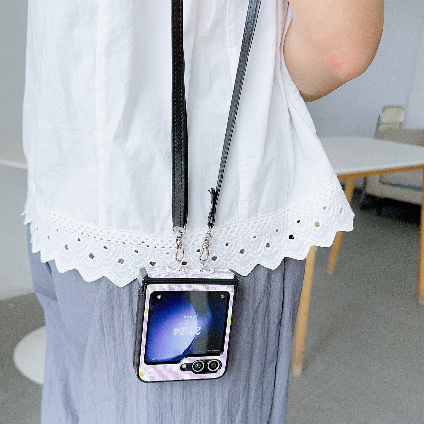 For Samsung Galaxy Z Flip6 5G Chrysanthemum Pattern PU Leather + PC Phone Cover with Crossbody Strap - Purple