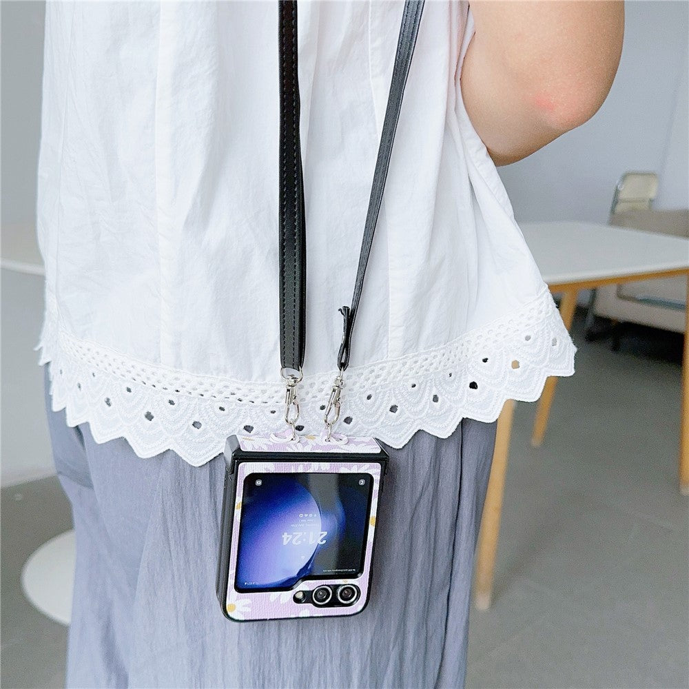 For Samsung Galaxy Z Flip7 FE 5G / Z Flip6 5G Chrysanthemum Pattern PU Leather + PC Phone Cover with Crossbody Strap - Purple