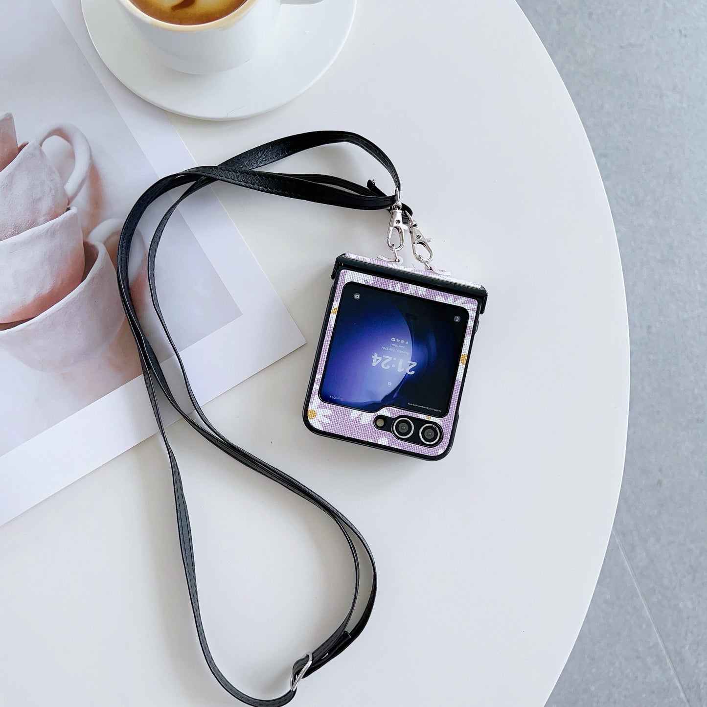 For Samsung Galaxy Z Flip6 5G Chrysanthemum Pattern PU Leather + PC Phone Cover with Crossbody Strap - Purple