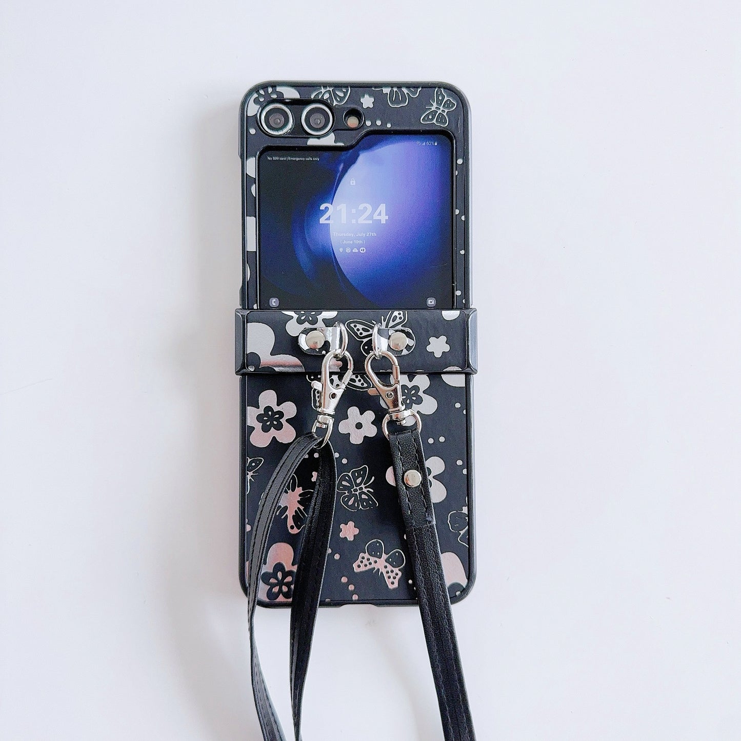 For Samsung Galaxy Z Flip6 5G Butterfly and Flower Pattern PU Leather Coated PC Phone Cover with Crossbody Strap - Black