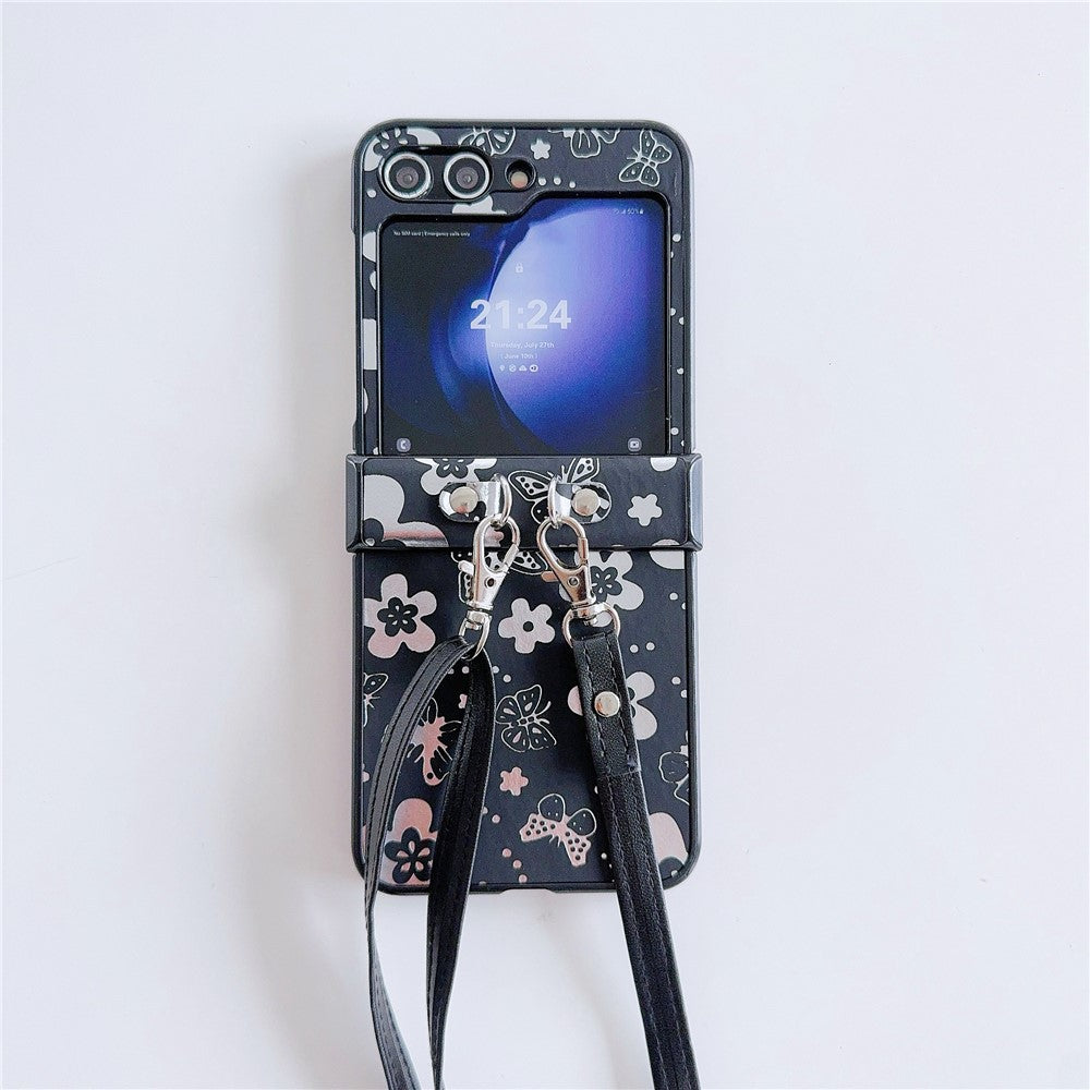 For Samsung Galaxy Z Flip7 FE 5G / Z Flip6 5G Butterfly and Flower Pattern PU Leather Coated PC Phone Cover with Crossbody Strap - Black