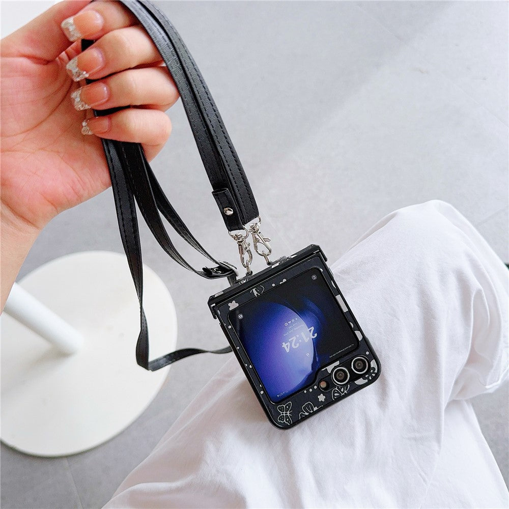 For Samsung Galaxy Z Flip7 FE 5G / Z Flip6 5G Butterfly and Flower Pattern PU Leather Coated PC Phone Cover with Crossbody Strap - Black