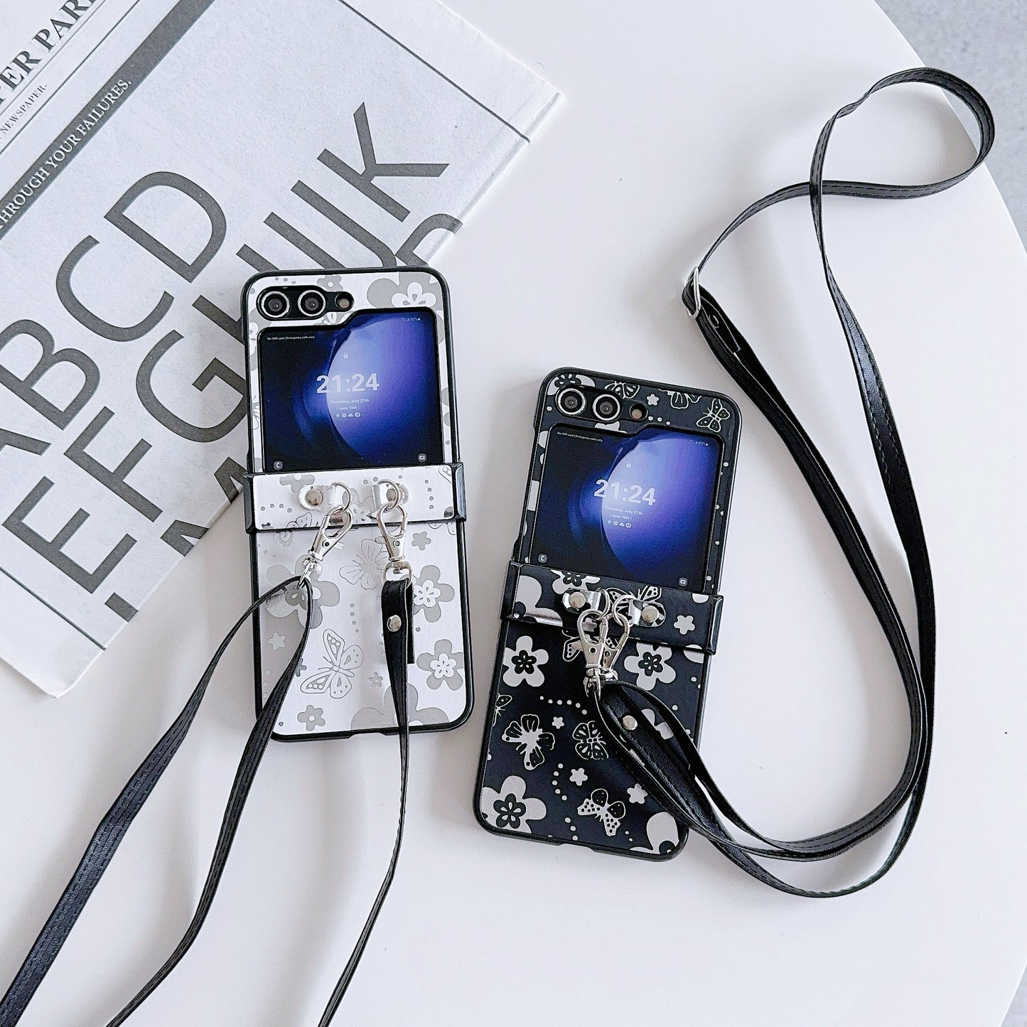 For Samsung Galaxy Z Flip6 5G Butterfly and Flower Pattern PU Leather Coated PC Phone Cover with Crossbody Strap - Black