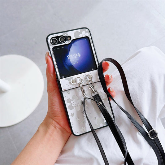 For Samsung Galaxy Z Flip7 FE 5G / Z Flip6 5G Butterfly and Flower Pattern PU Leather Coated PC Phone Cover with Crossbody Strap - White