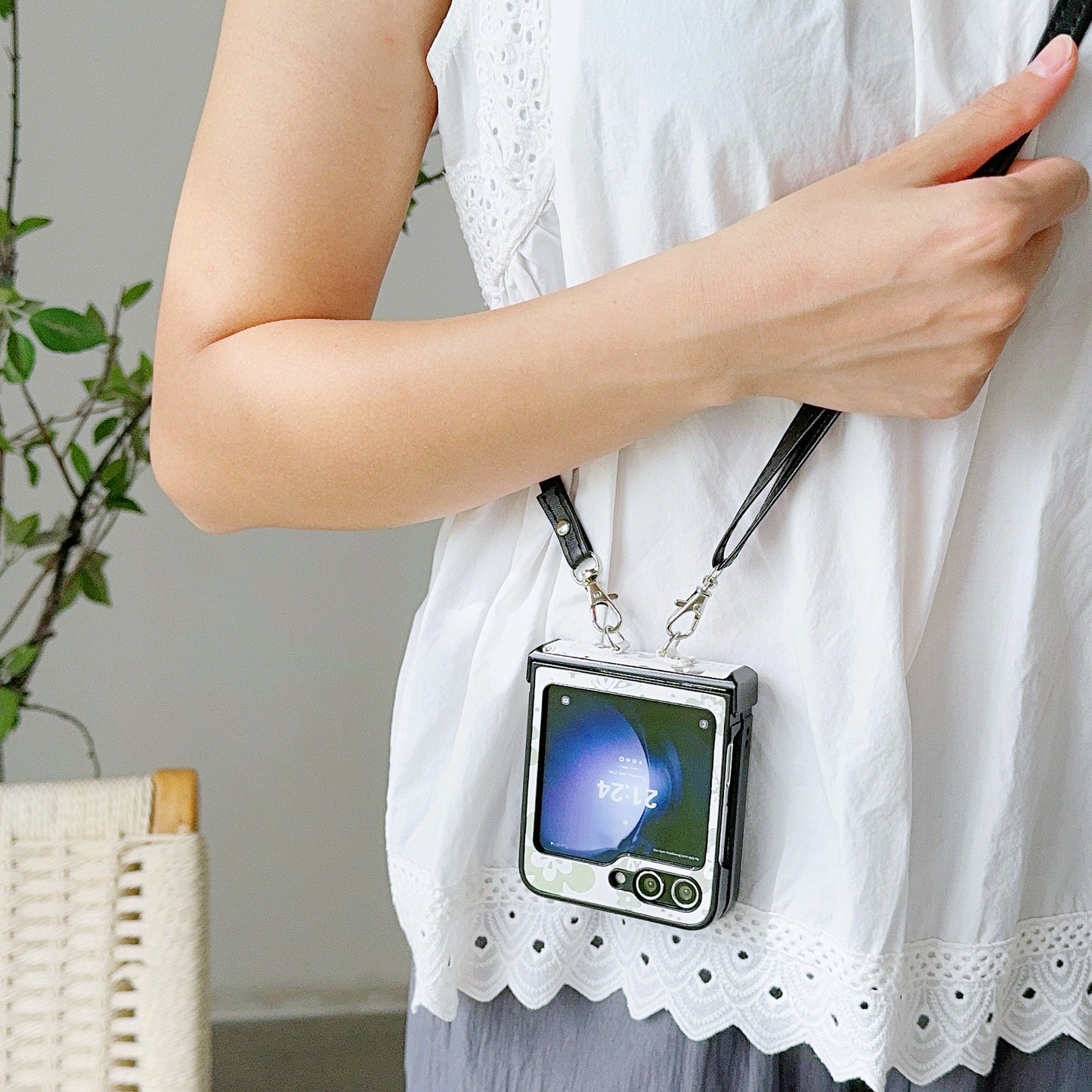 For Samsung Galaxy Z Flip6 5G Butterfly and Flower Pattern PU Leather Coated PC Phone Cover with Crossbody Strap - White