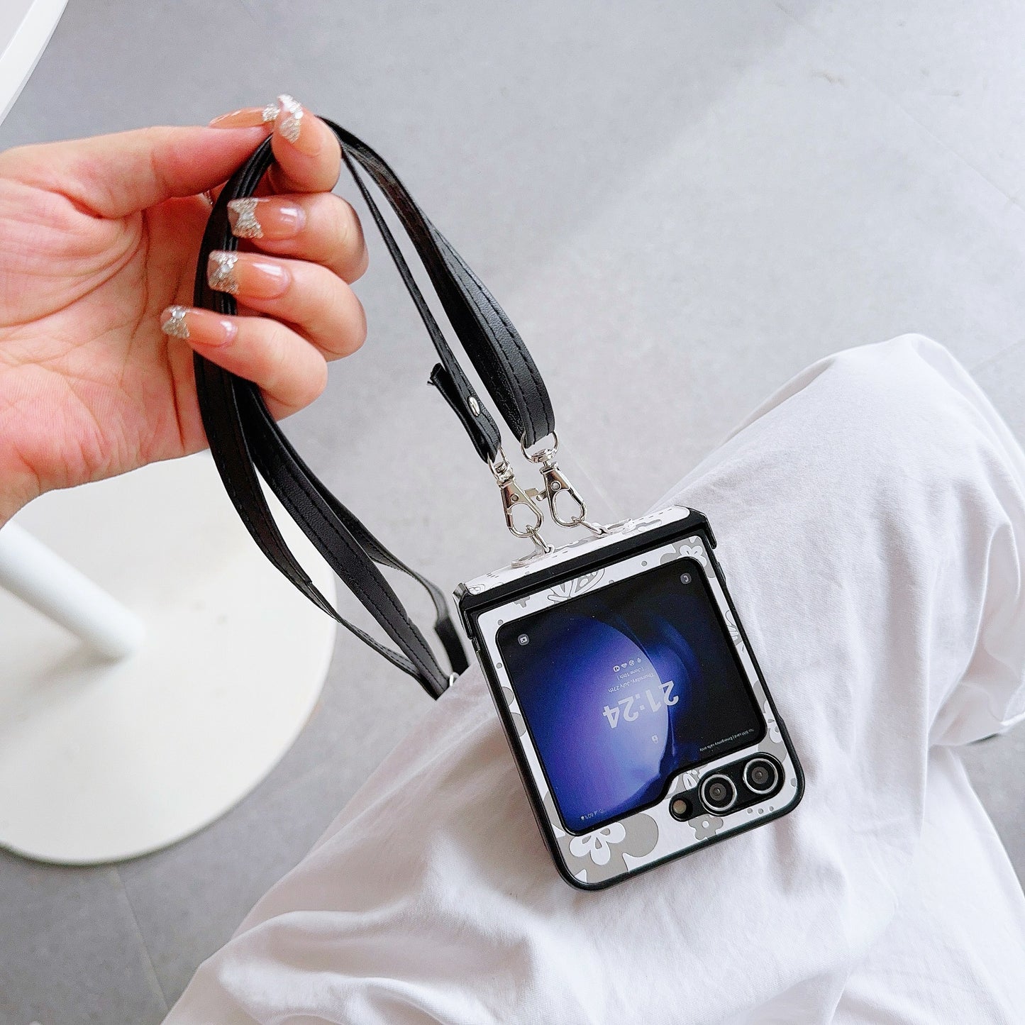 For Samsung Galaxy Z Flip6 5G Butterfly and Flower Pattern PU Leather Coated PC Phone Cover with Crossbody Strap - White