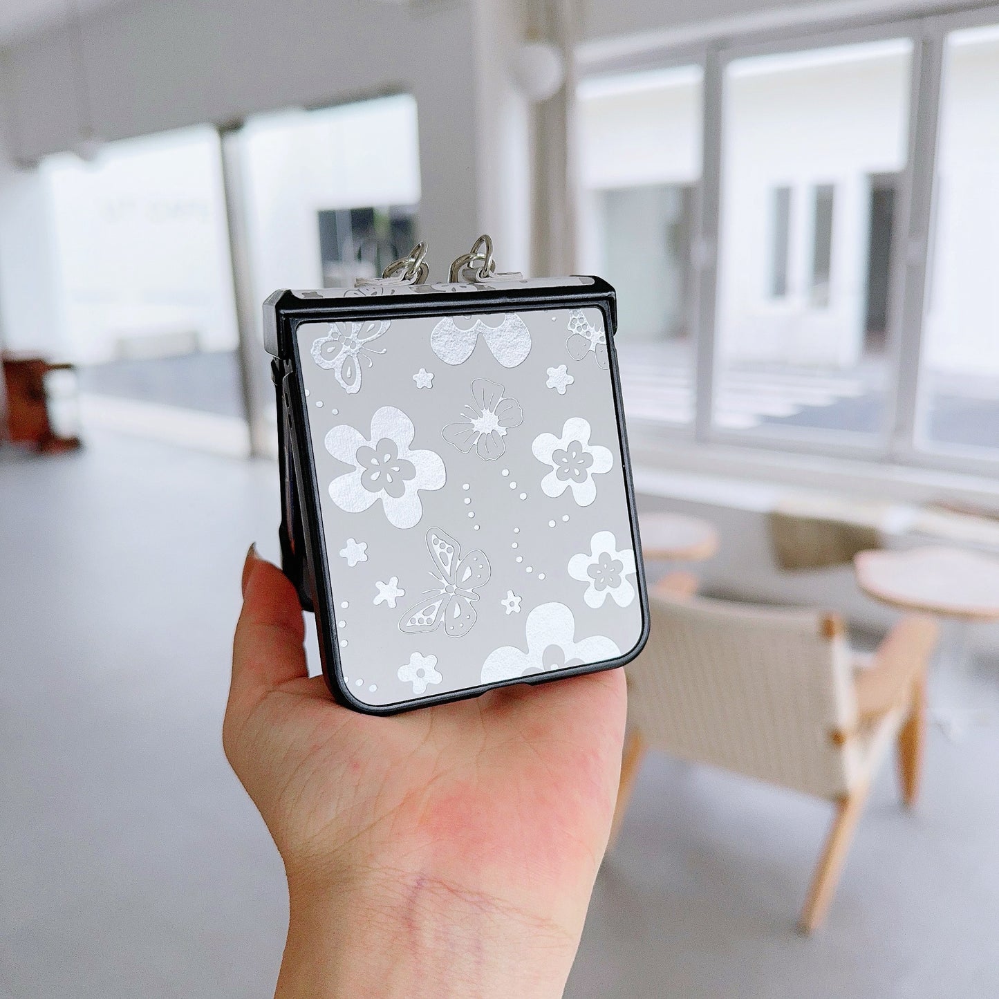 For Samsung Galaxy Z Flip6 5G Butterfly and Flower Pattern PU Leather Coated PC Phone Cover with Crossbody Strap - White