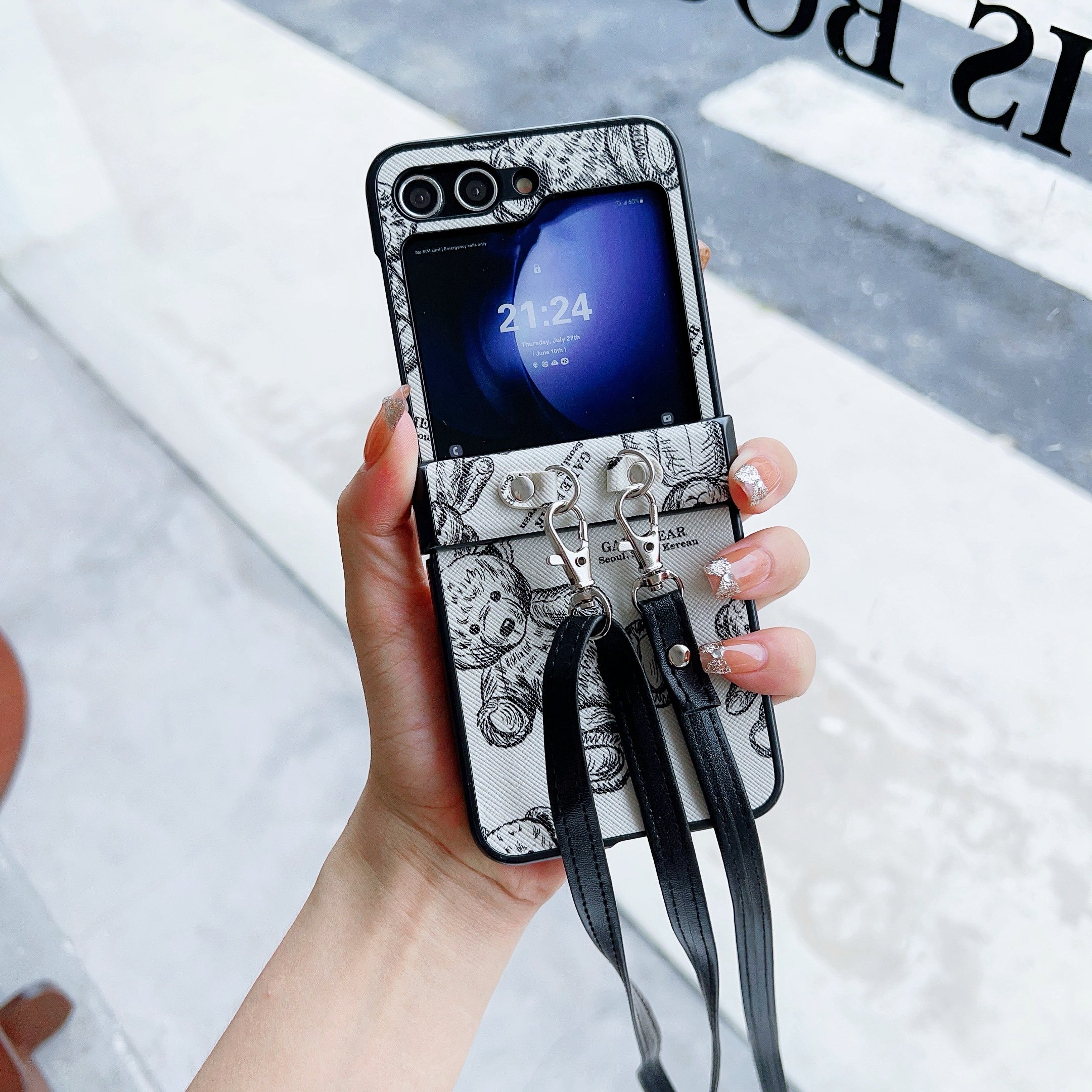 For Samsung Galaxy Z Flip6 5G Case Cute Bear PU Leather Coated PC Phone Cover with Crossbody Strap - Grey