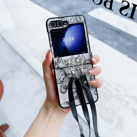 For Samsung Galaxy Z Flip6 5G Case Cute Bear PU Leather Coated PC Phone Cover with Crossbody Strap - Grey