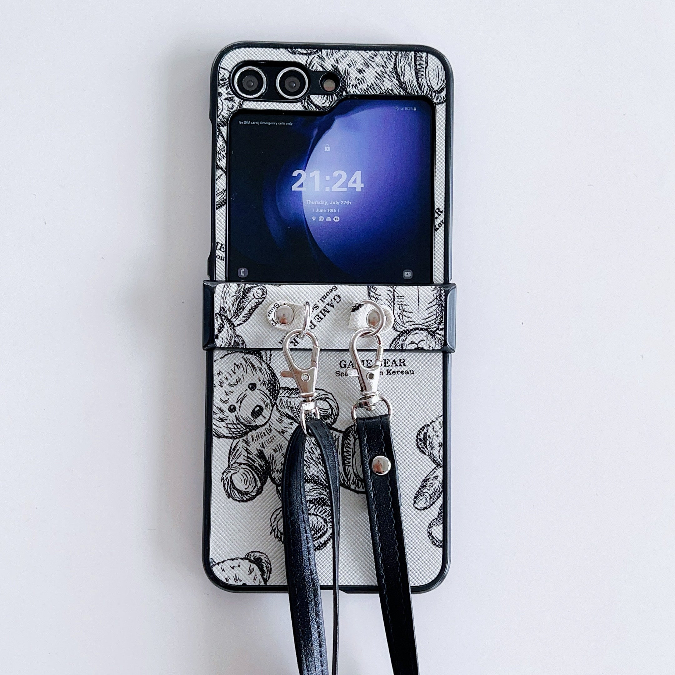 For Samsung Galaxy Z Flip6 5G Case Cute Bear PU Leather Coated PC Phone Cover with Crossbody Strap - Grey