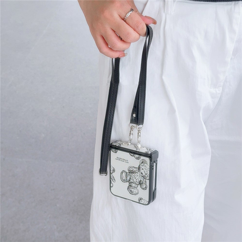 For Samsung Galaxy Z Flip7 FE 5G / Z Flip6 5G Case Cute Bear PU Leather Coated PC Phone Cover with Crossbody Strap - Grey