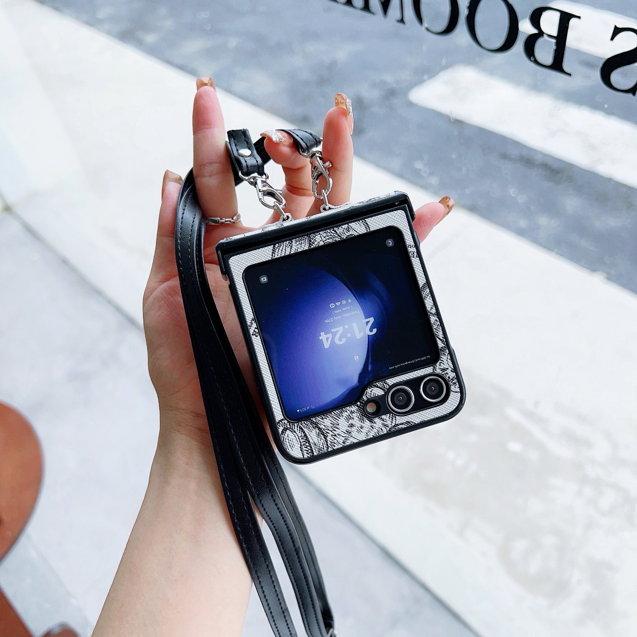 For Samsung Galaxy Z Flip6 5G Case Cute Bear PU Leather Coated PC Phone Cover with Crossbody Strap - Grey
