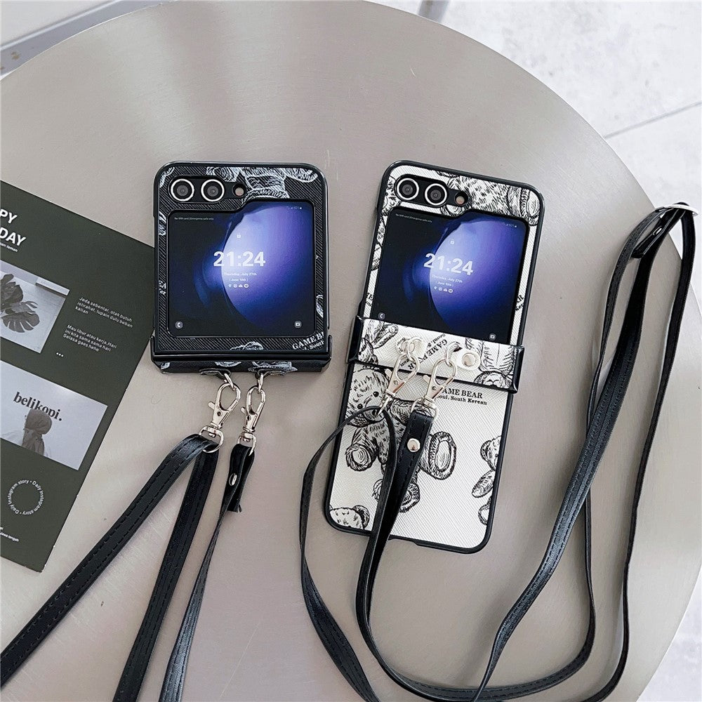 For Samsung Galaxy Z Flip7 FE 5G / Z Flip6 5G Case Cute Bear PU Leather Coated PC Phone Cover with Crossbody Strap - Grey