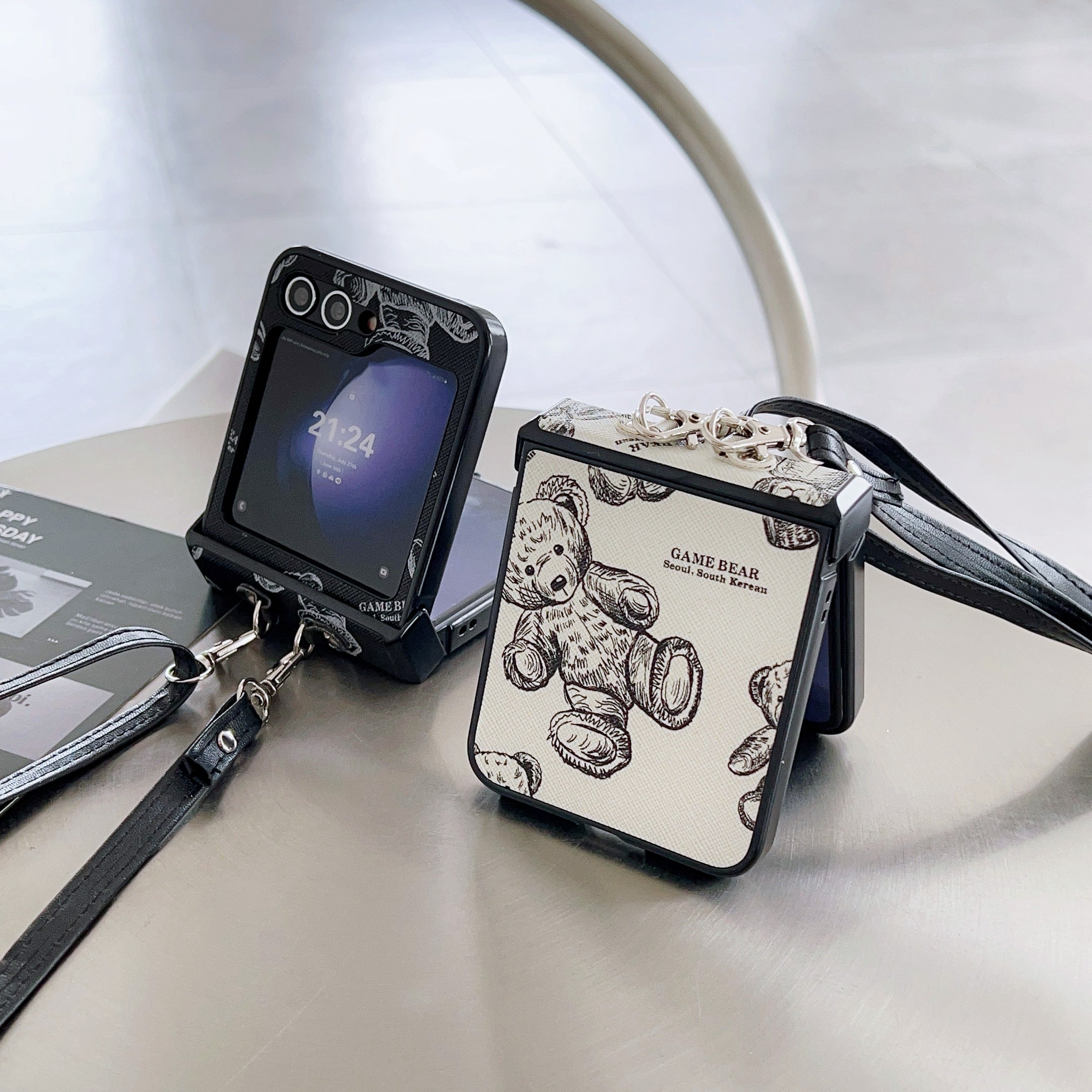 For Samsung Galaxy Z Flip6 5G Case Cute Bear PU Leather Coated PC Phone Cover with Crossbody Strap - Grey