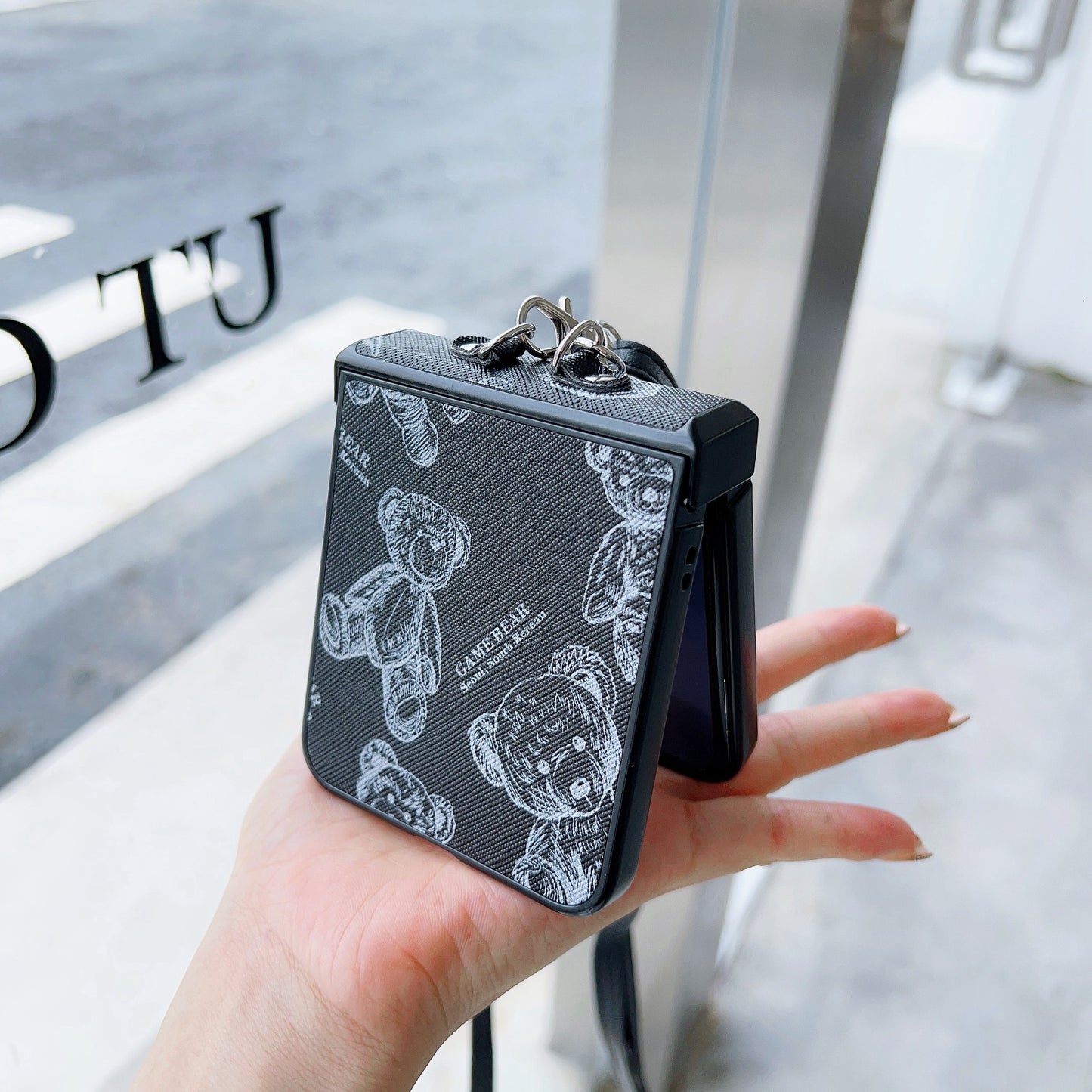 For Samsung Galaxy Z Flip6 5G Case Cute Bear PU Leather Coated PC Phone Cover with Crossbody Strap - Black