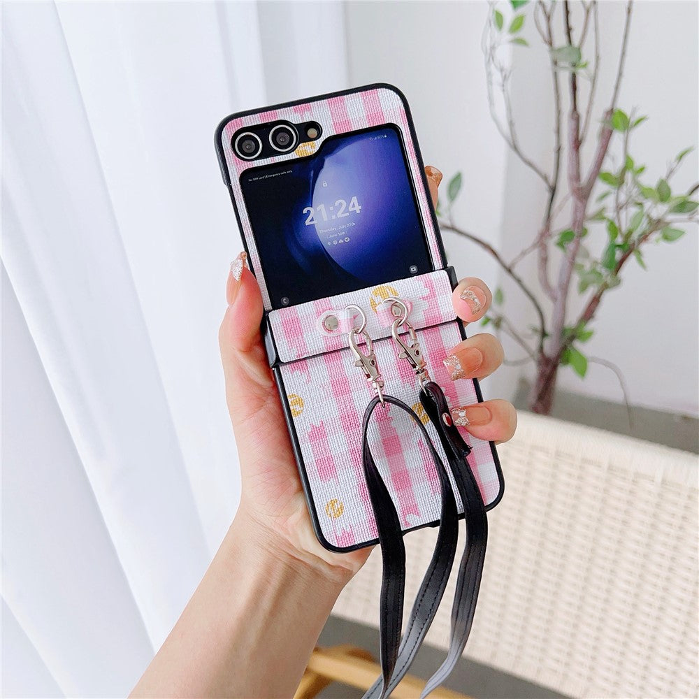 For Samsung Galaxy Z Flip7 FE 5G / Z Flip6 5G Flower and Grids Pattern PU Leather Coated PC Phone Cover with Crossbody Strap - Pink+White