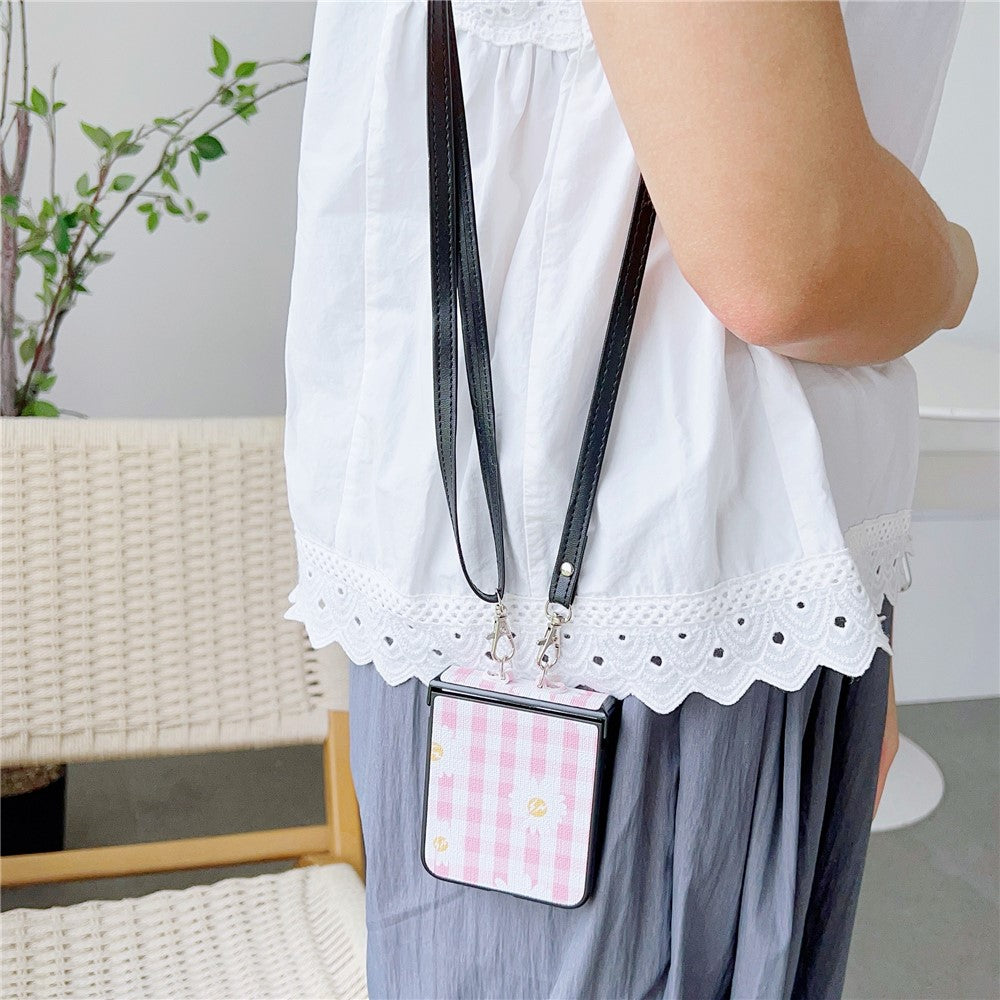 For Samsung Galaxy Z Flip7 FE 5G / Z Flip6 5G Flower and Grids Pattern PU Leather Coated PC Phone Cover with Crossbody Strap - Pink+White
