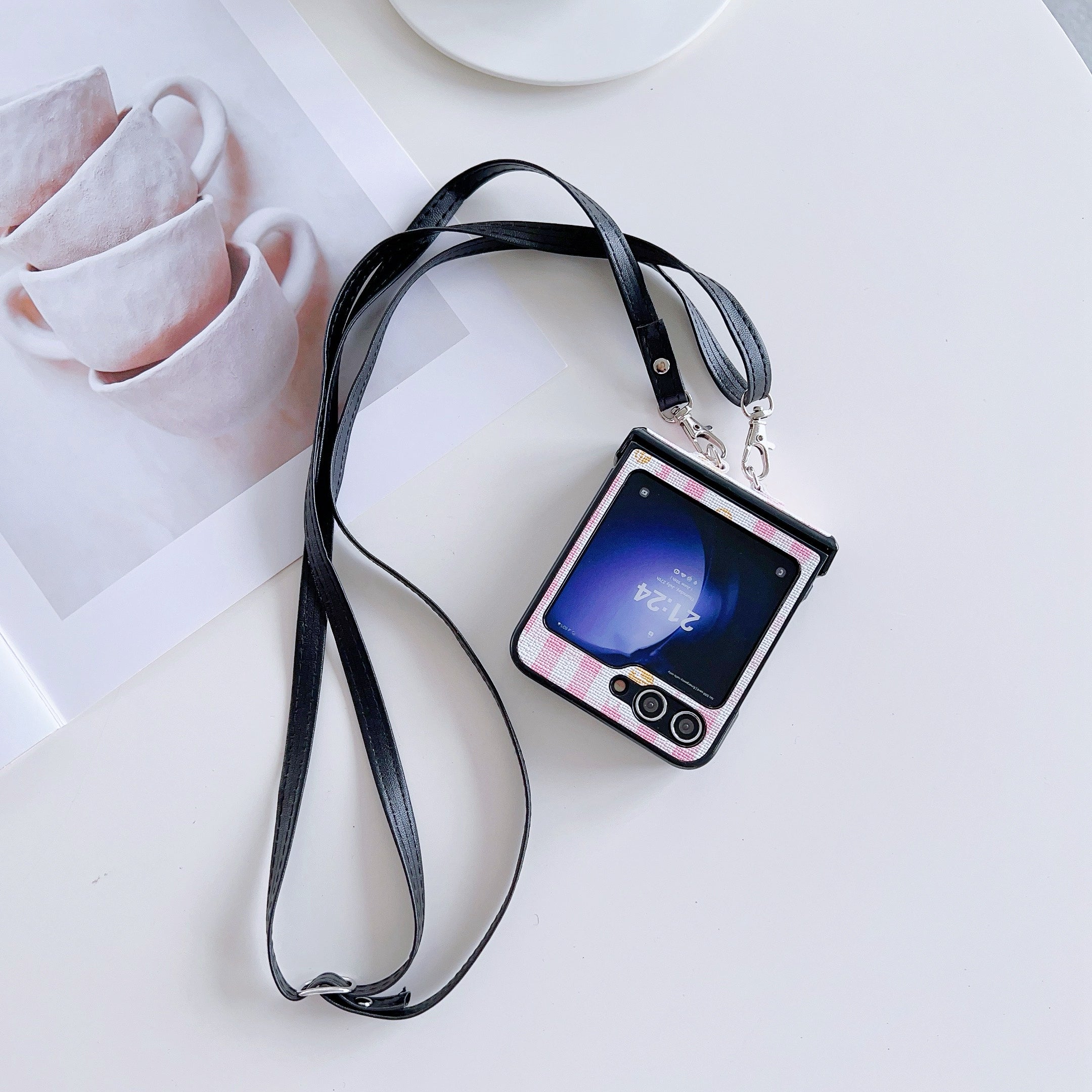 For Samsung Galaxy Z Flip6 5G Flower and Grids Pattern PU Leather Coated PC Phone Cover with Crossbody Strap - Pink+White
