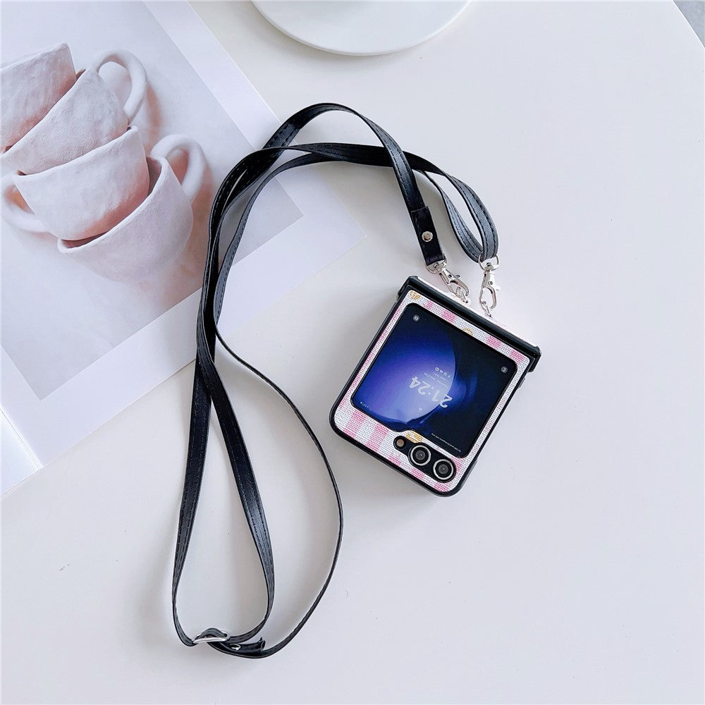 For Samsung Galaxy Z Flip7 FE 5G / Z Flip6 5G Flower and Grids Pattern PU Leather Coated PC Phone Cover with Crossbody Strap - Pink+White