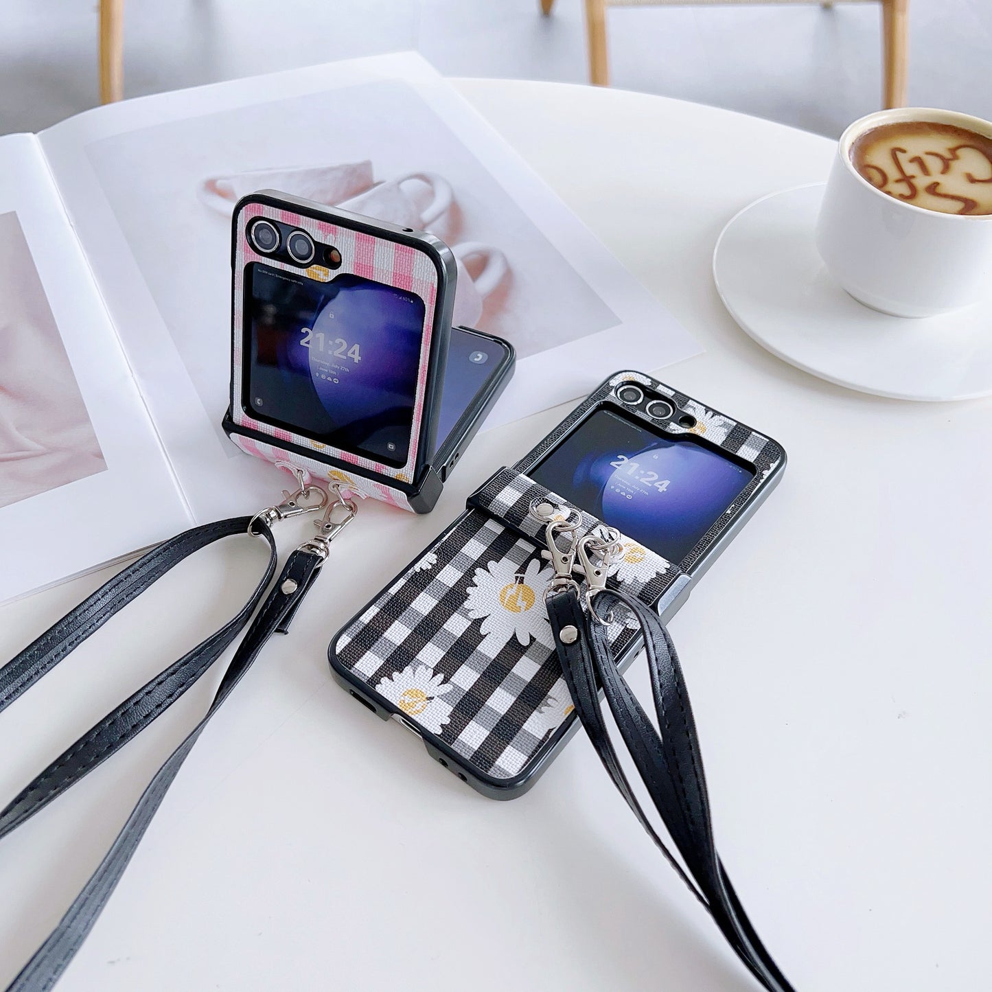 For Samsung Galaxy Z Flip6 5G Flower and Grids Pattern PU Leather Coated PC Phone Cover with Crossbody Strap - Black+White