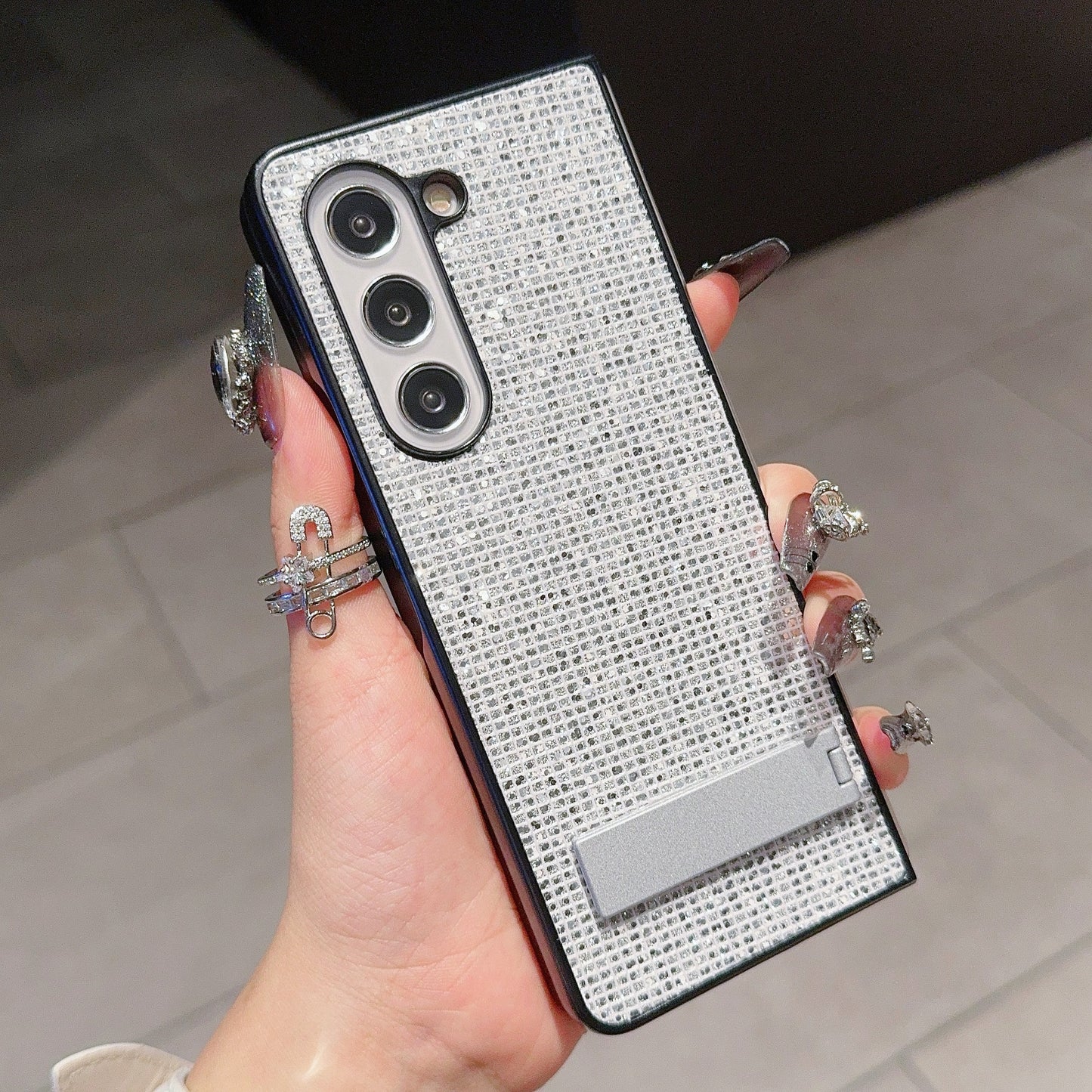 For Samsung Galaxy Z Fold6 5G Case Rhinestone Decor PU Leather Coated PC Phone Cover with Kickstand - Silver