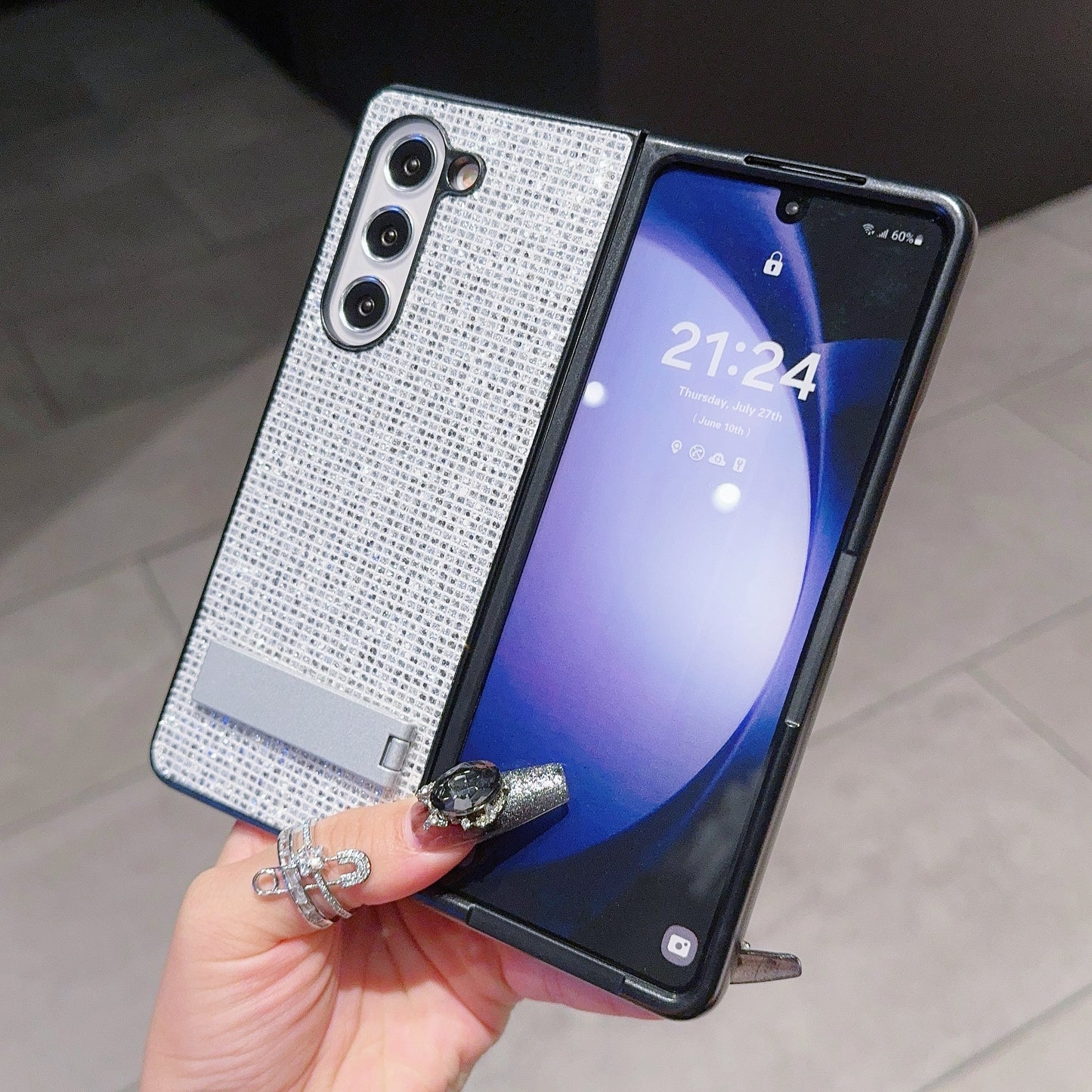 For Samsung Galaxy Z Fold6 5G Case Rhinestone Decor PU Leather Coated PC Phone Cover with Kickstand - Silver