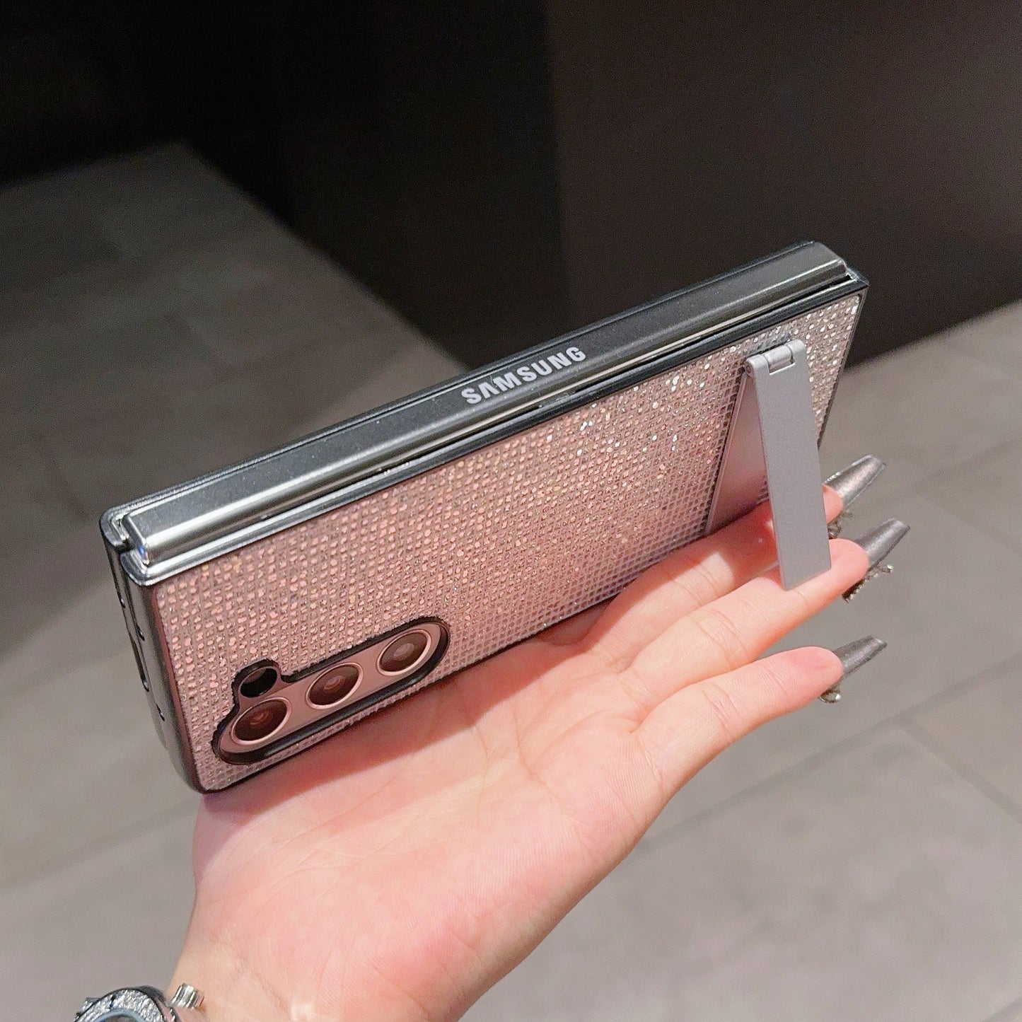 For Samsung Galaxy Z Fold6 5G Case Rhinestone Decor PU Leather Coated PC Phone Cover with Kickstand - Silver