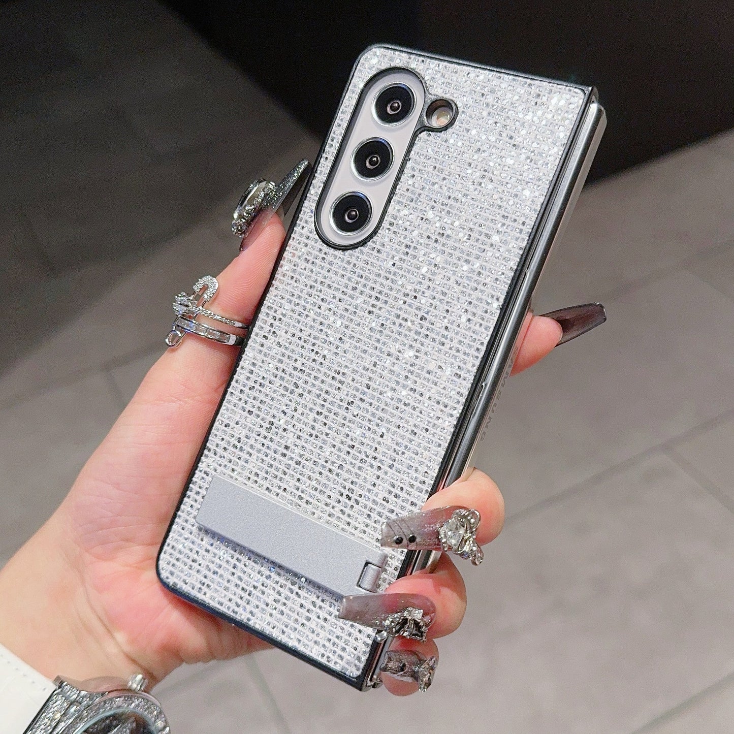 For Samsung Galaxy Z Fold6 5G Case Rhinestone Decor PU Leather Coated PC Phone Cover with Kickstand - Silver