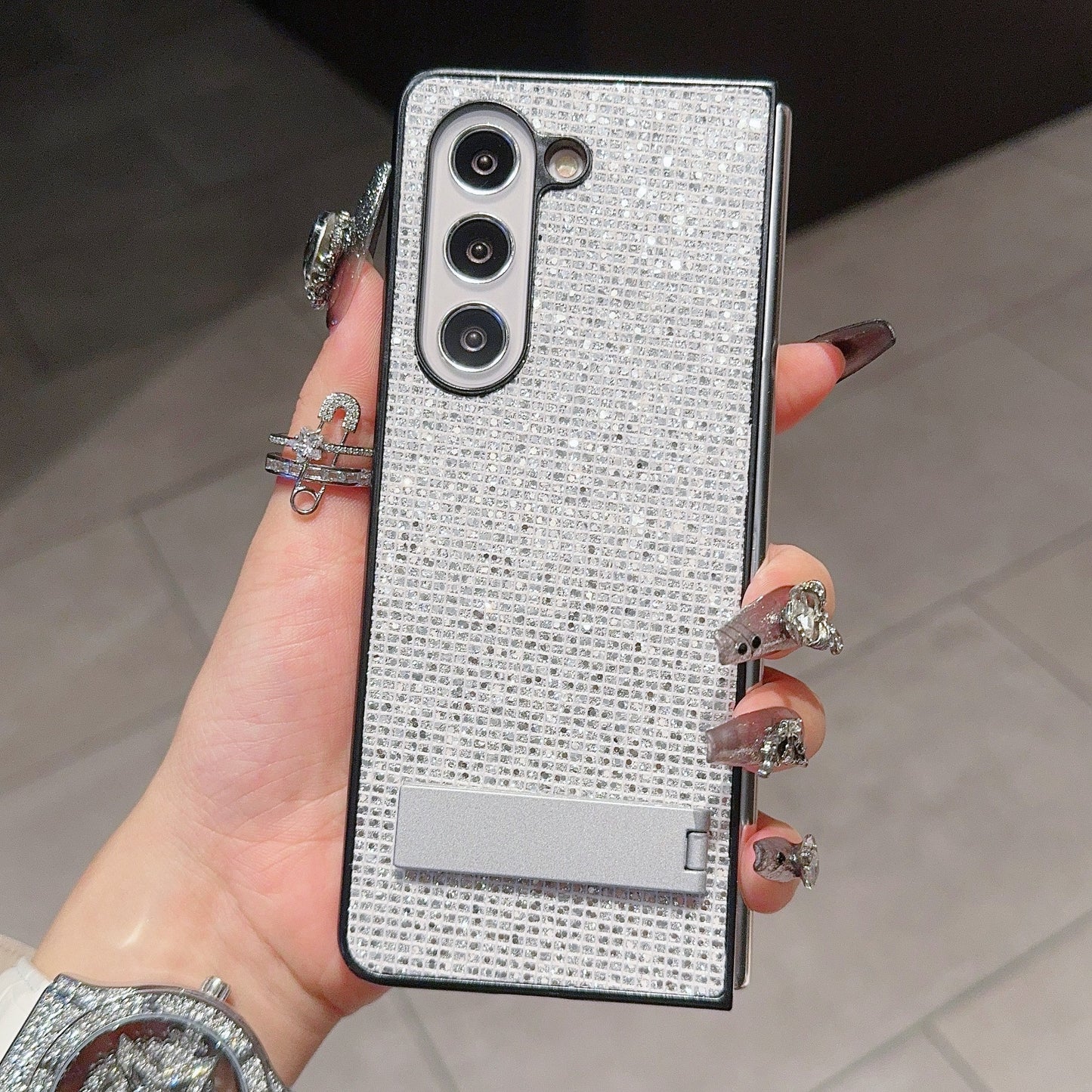 For Samsung Galaxy Z Fold6 5G Case Rhinestone Decor PU Leather Coated PC Phone Cover with Kickstand - Silver