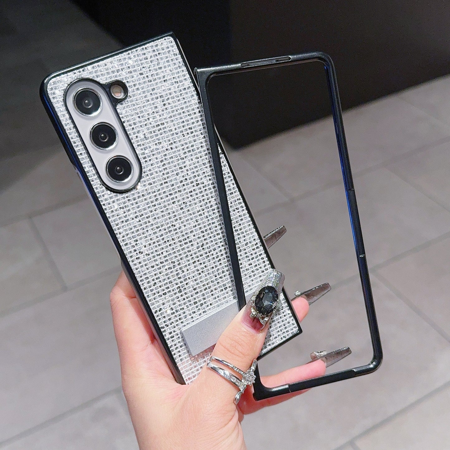 For Samsung Galaxy Z Fold6 5G Case Rhinestone Decor PU Leather Coated PC Phone Cover with Kickstand - Silver