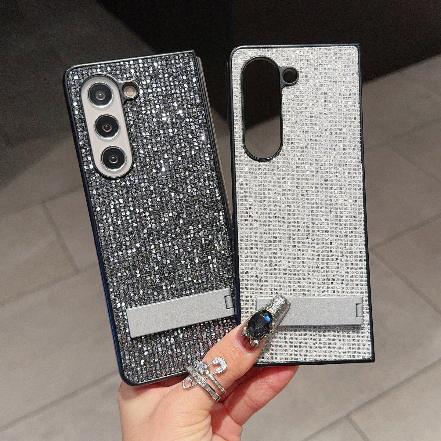 For Samsung Galaxy Z Fold6 5G Case Rhinestone Decor PU Leather Coated PC Phone Cover with Kickstand - Silver