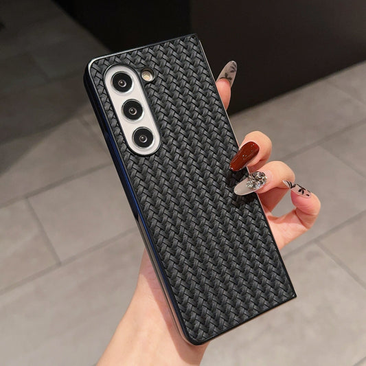 For Samsung Galaxy Z Fold6 5G Case Woven Texture PU Leather Coated PC Phone Cover - Black