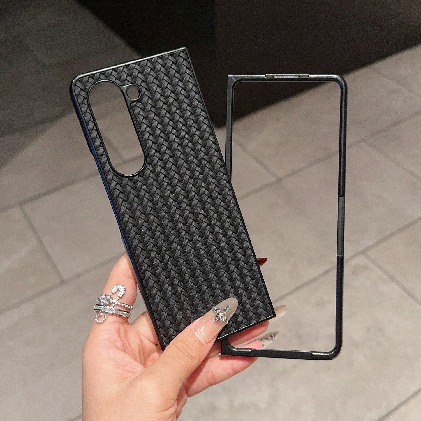 For Samsung Galaxy Z Fold6 5G Case Woven Texture PU Leather Coated PC Phone Cover - Black