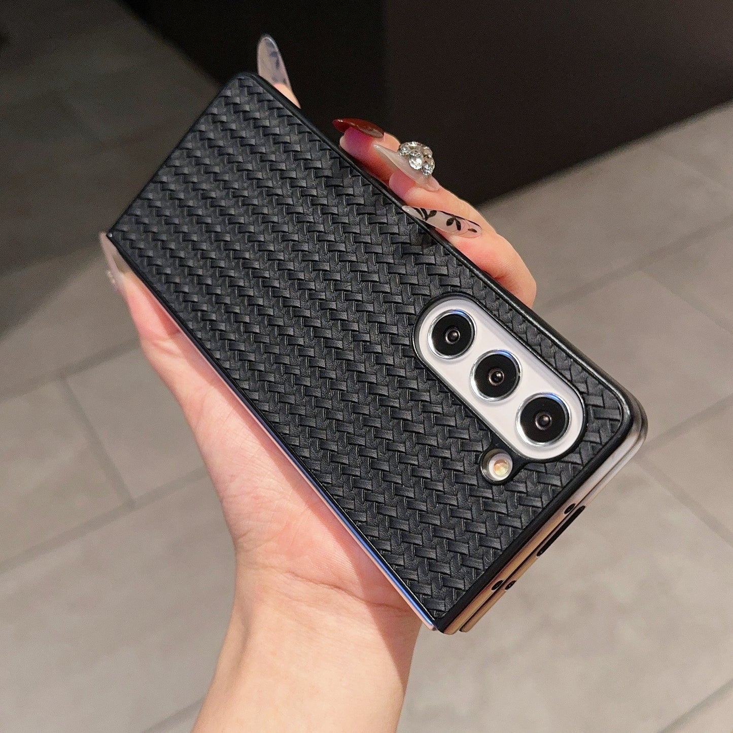For Samsung Galaxy Z Fold6 5G Case Woven Texture PU Leather Coated PC Phone Cover - Black