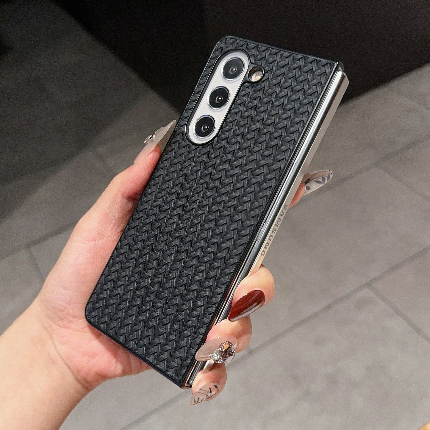 For Samsung Galaxy Z Fold6 5G Case Woven Texture PU Leather Coated PC Phone Cover - Black