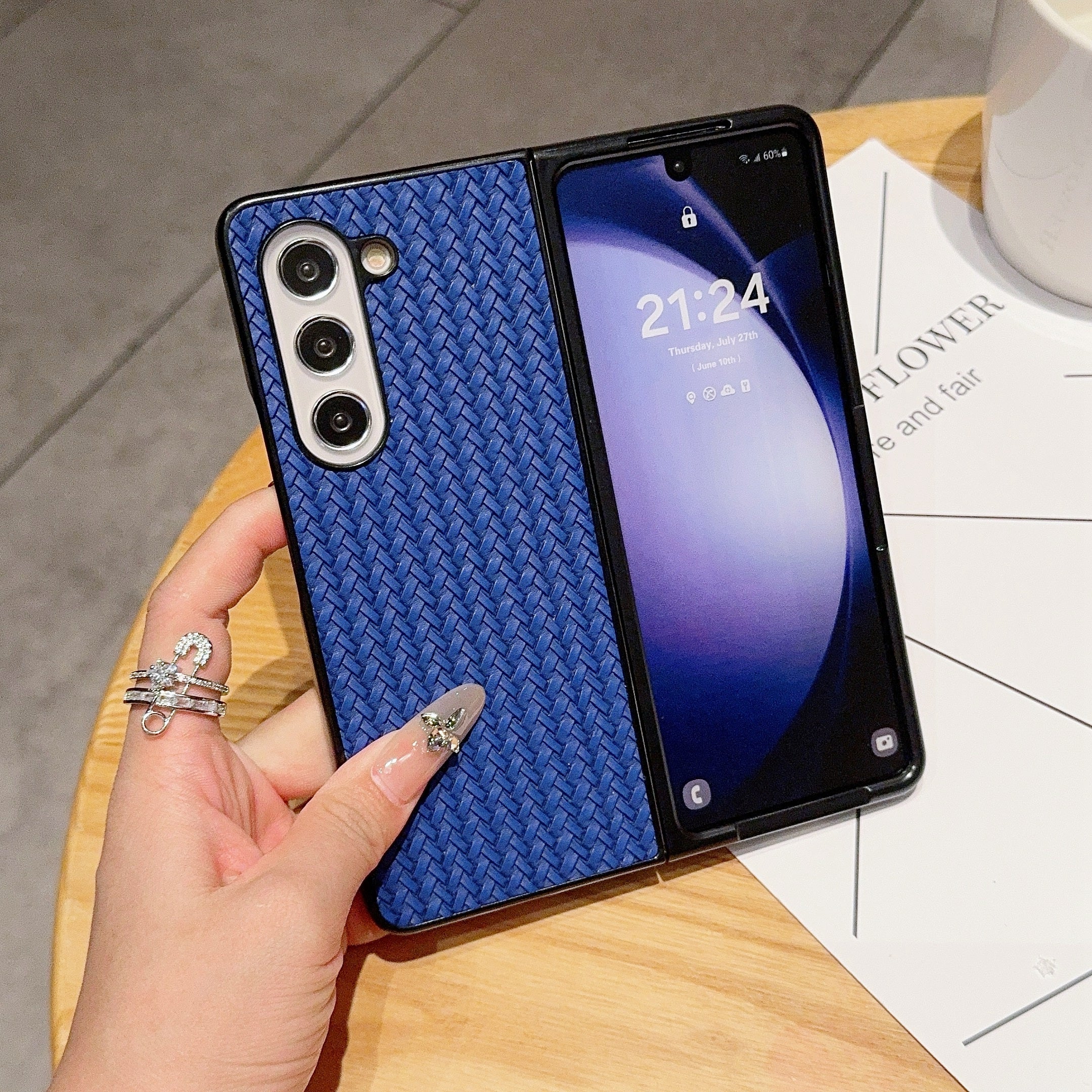 For Samsung Galaxy Z Fold6 5G Case Woven Texture PU Leather Coated PC Phone Cover - Blue