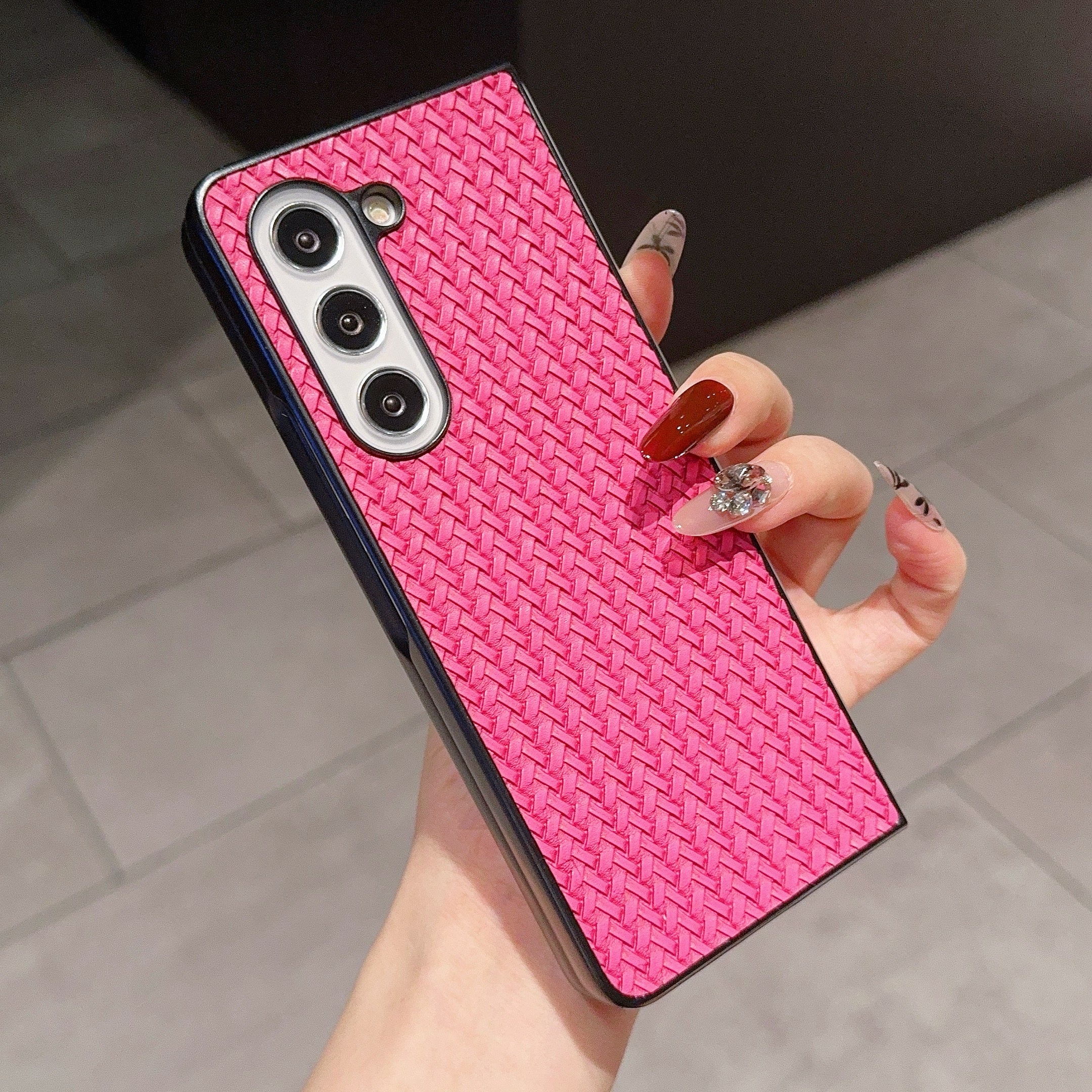For Samsung Galaxy Z Fold6 5G Case Woven Texture PU Leather Coated PC Phone Cover - Rose