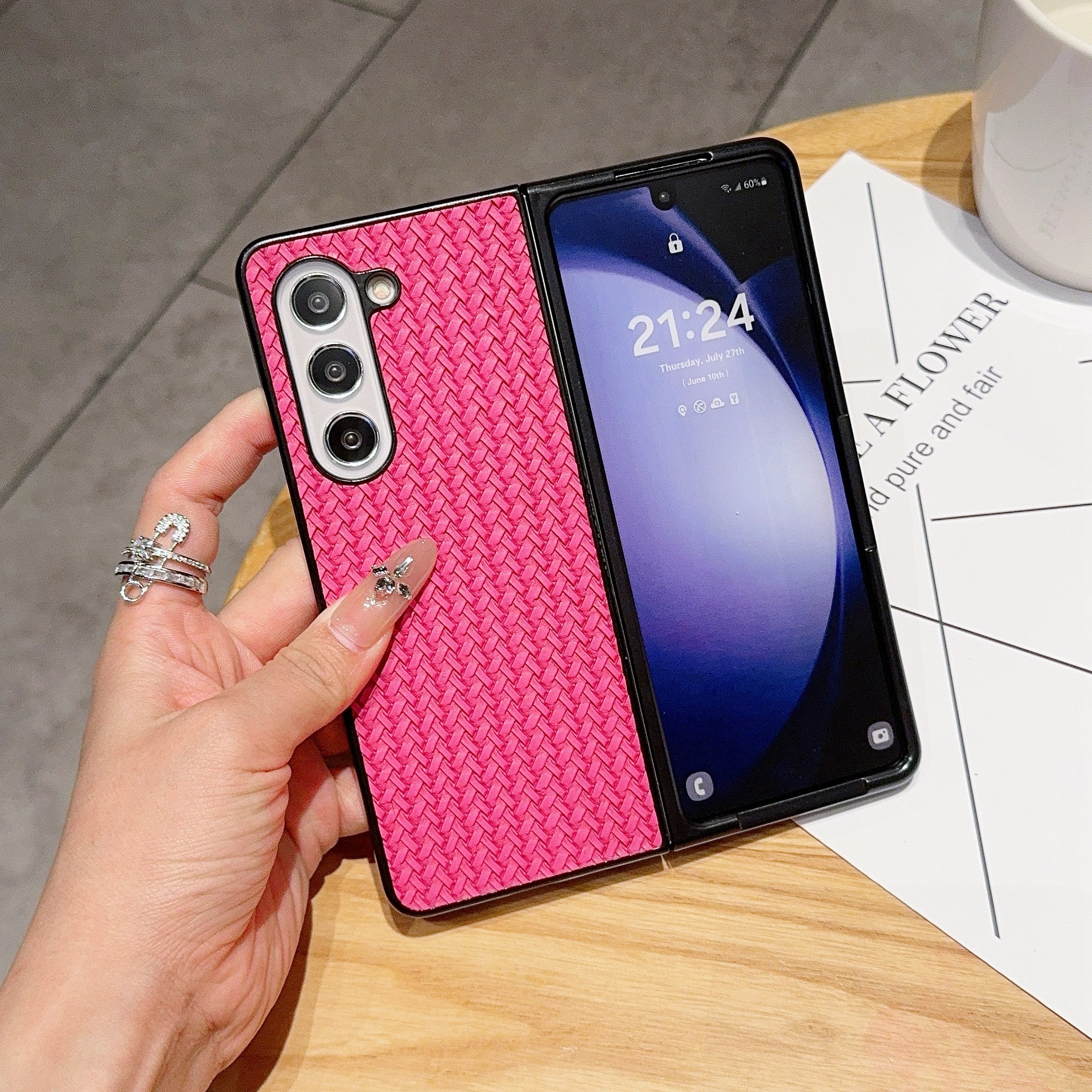 For Samsung Galaxy Z Fold6 5G Case Woven Texture PU Leather Coated PC Phone Cover - Rose